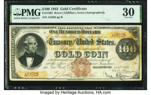 1882 $100 Gold Certificate Shines in Currency Auction